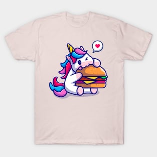 Cute Unicorn Eating Burger Cartoon T-Shirt